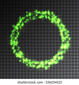 Shining green circle frame with little particles. Abstract magic circle. Vector illustration for your graphic design.