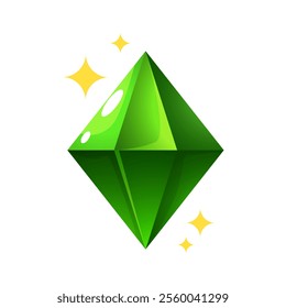 Shining green gem with sparkles isolated on white background. 