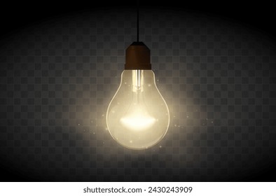Shining hanging light bulb with transparent background - vector illustration