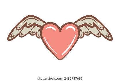 Shining heart with angel wings. Vector illustration in 2000s style. Aesthetics of the 90s, 00s. For tattoo, logo, sticker, design element.