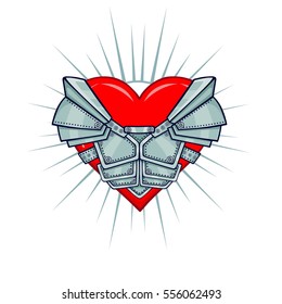 Shining heart in armor. Symbol of love, feelings, protection. Color vector illustration isolated on a white background.