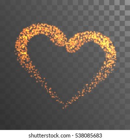 Shining heart with gold lights on black transparent background. Valentine background. Vector illustration.