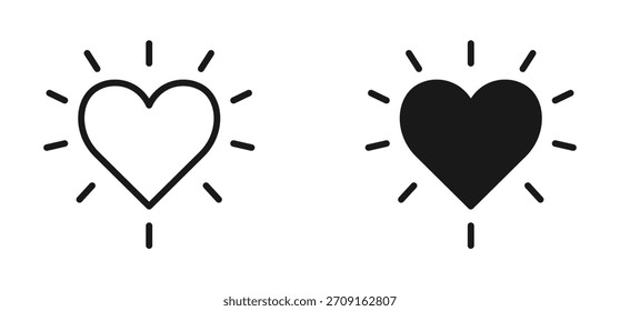 Icono de corazón brillante establecido en estilo de contorno y silueta, que representa el amor, los favoritos y la conexión emocional, la Ilustración vectorial.