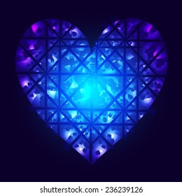 Shining heart on dark blue background, vector illustration.