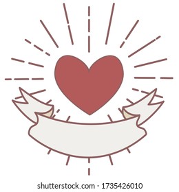 Shining heart with ribbon. Flat vector illustration isolated on a white background Love and happiness. Valentine's day. Element for design, packaging, fabric, card, sticker