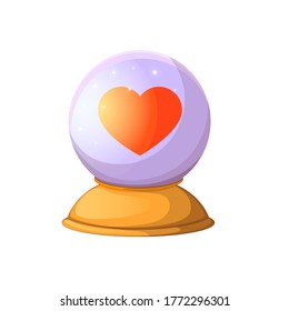 Shining heart shape in magic glass ball, sign of love. Cartoon vector illustration on white background.