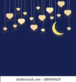Shining heart vector stock illustration. Greeting card for Valentine's Day. The night sky, a romantic frame. Background template with space for text. Isolated blue background.