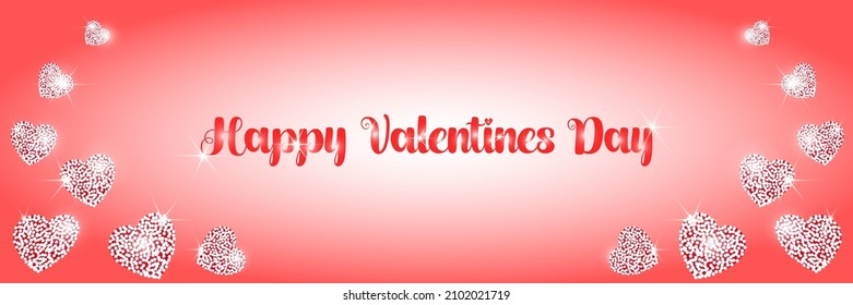 Brillantes corazones sobre un fondo rojo claro. Feliz Día de San Valentín, cartel de diseño del Día de la Mujer Feliz.