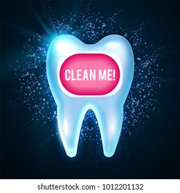 Shining Helthy Tooth with Lights. Cleaning Teeth. Fresh Stomatology Design Template. Dental Health Concept. Oral Care. Vector illustration