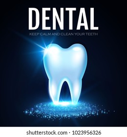 Shining Helthy Tooth with Lights. Fresh Stomatology Design Template. Dental Health Concept. Oral Care. Vector illustration