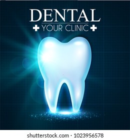 Shining Helthy Tooth with Lights. Fresh Stomatology Design Template. Dental Health Concept. Oral Care. Vector illustration