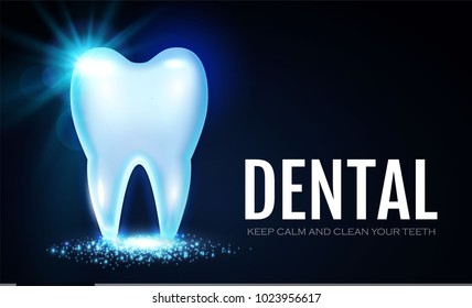 Shining Helthy Tooth with Lights. Stomatology Design Template. Dental Health Concept. Oral Care. Vector illustration