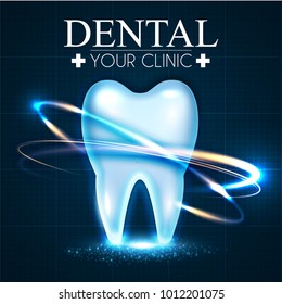 Shining Helthy Tooth with Motion Lights. Frech Stomatology Design Template. Dental Health Concept. Oral Care.. Vector illustration