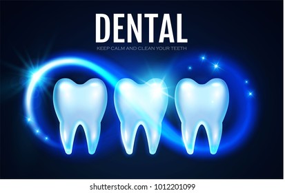 Shining Helthy Tooth with Motion Lights. Cleaining Teeth. Frech Stomatology Design Template. Dental Enamel Health Concept. Oral Care. Vector illustration