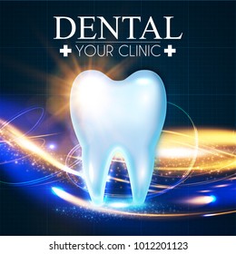 Shining Helthy Tooth with Motion Lights. Frech Stomatology Design Template. Dental Health Concept. Oral Care. Vector illustration