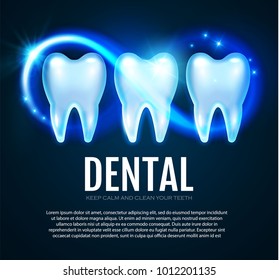 Shining Helthy Tooth with Motion Lights. Cleaining Teeth. Frech Stomatology Design Template. Dental Enamel Health Concept. Oral Care.. Vector illustration