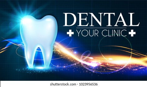 Shining Helthy Tooth with Motion Lights. Frech Stomatology Design Template. Dental Health Concept. Oral Care. Vector illustration