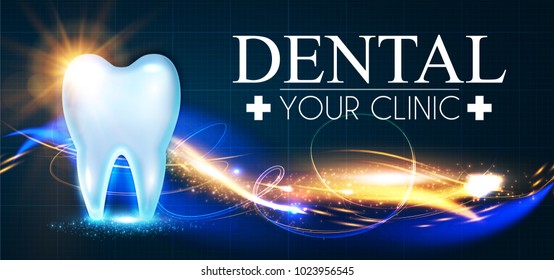 Shining Helthy Tooth with Motion Lights. Frech Stomatology Design Template. Dental Health Concept. Oral Care.. Vector illustration