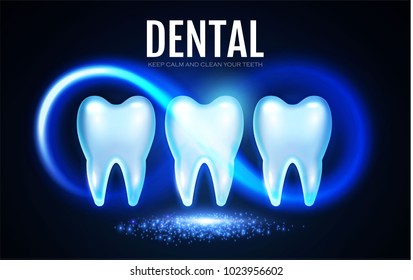 Shining Helthy Tooth with Motion Lights. Cleaining Teeth. Frech Stomatology Design Template. Dental Enamel Health Concept. Oral Care.. Vector illustration