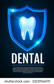 Shining Helthy Tooth with Shield and Lights. Stomatology Design Template. Dental Health Concept. Oral Care. Vector illustration