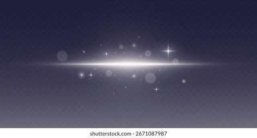 Shining horizontal light line with glowing particles, bright sparkle stars, magical dust and lens flare effect.