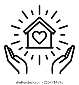 A shining house with a heart within, representing home, warmth, and love round line vector icon with editable stroke 