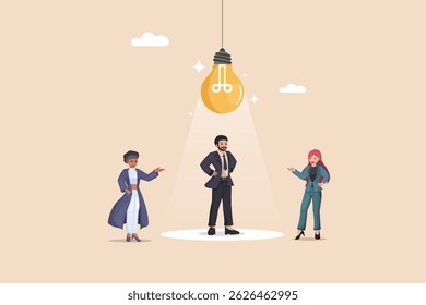 Shining Idea Spotlight Business: Team Presenting a Central Illuminated Light Bulb, Symbolizing a Bright Solution or Innovative Concept.