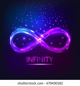 The shining infinity symbol.The neon shining object. Abstract background of an infinity sign. Dynamic scintillating lines. Design element. Vector illustration.