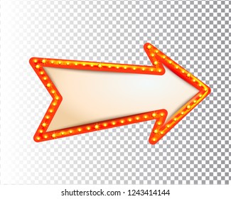 Flecha de marco de luz de la bombilla retro brillante sobre fondo transparente. Banner, letrero, letrero de estilo vintage. Plantilla perfecta para espectáculos, casino, cine, circo. Ilustración del vector EPS 10