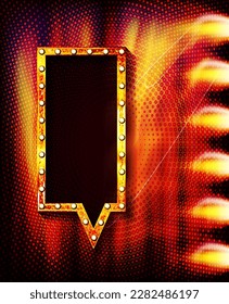 Shining isolated retro bulb light frame arrow on red background. Vintage style banner, sign, signboard. Perfect template for shows, casino, cinema, circus. In cosmic color. Vector illustration