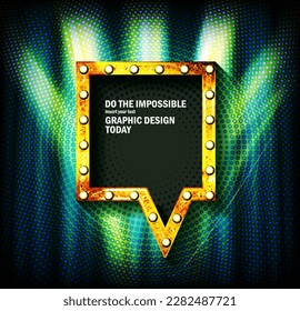 Shining isolated retro bulb light frame arrow on red background. Vintage style banner, sign, signboard. Perfect template for shows, casino, cinema, circus. In blue. Vector illustration