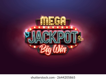 Shining Jackpot billboard with retro neon signs. Mega big win concept. Vector illustration.