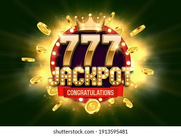 Signo del "Jackpot" brillante con la suerte de los siete, la corona dorada y las monedas. Ilustración del vector