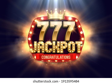 Shining Jackpot sign with lucky sevens and a golden crown. Vector illustration