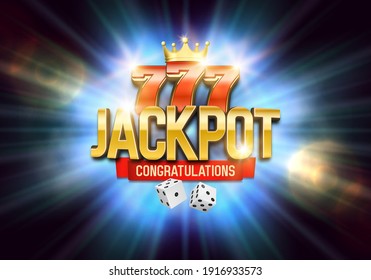 Shining Jackpot sign with lucky sevens, dice and golden crown. Vector illustration