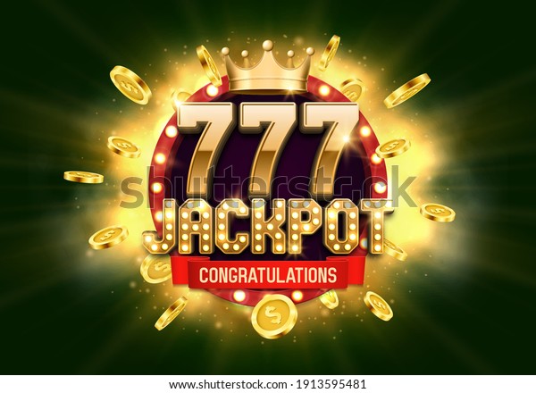 Shining Jackpot sign with lucky sevens,\
golden crown and coins. Vector\
illustration