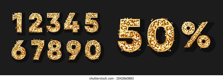 Shining and jewelery numbers, percentages for sale. Shiny metallic font and sign with royal shine for holiday decoration. Magical golden Christmas Discounts for Promotional Offer. Vector illustration