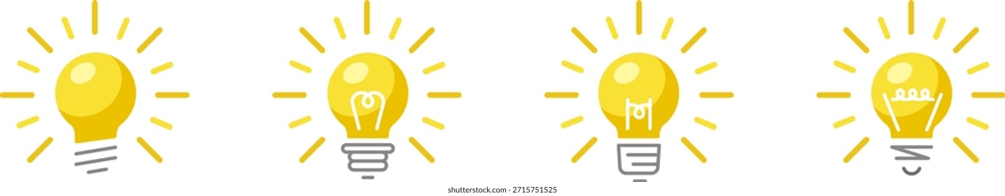 Conjunto de iconos de lámpara brillante. Diseño de bombilla que representa el descubrimiento y la idea.