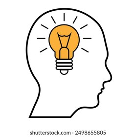 Shining Lamp Inside Human Head Silhouette Bright Idea Concept. Thinking and productive thought generation vector art