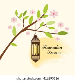 Shining lamp on a blossoming branch, Ramadan greeting card, vector illustration
