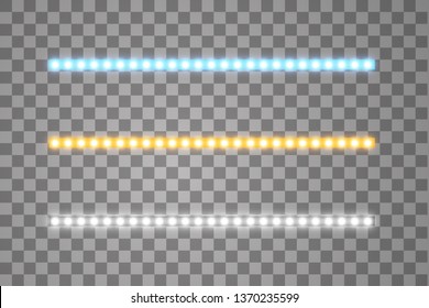 Shining led vector stripes, neon illumination on transparent background, set of yellow, white, blue glowing decorative tapes of diode ecological lamps light effect for banners, web-sites