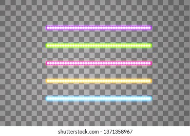 Shining led vector stripes, neon illumination on transparent background, set of pink, yellow, purple, blue, green glowing decorative tapes of diode ecological lamps light effect for banners, web-sites