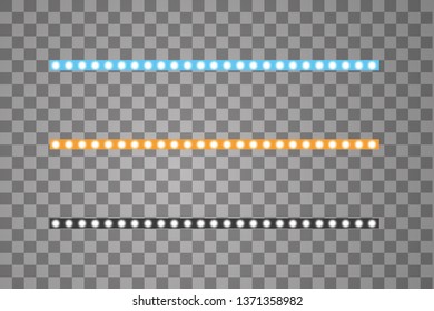 Shining led vector stripes, neon illumination on transparent background, set of yellow, white, blue glowing decorative tapes of diode ecological lamps light effect for banners, web-sites