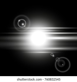Shining lens flare, bright ray flare, shining sun, sunrise light effect on black background, vector illustration, white color