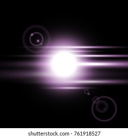 Shining lens flare, bright ray flare, shining sun, sunrise light effect on black background, vector illustration, purple color
