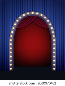 Arco luminoso brillante sobre el fondo de la pared de la cortina azul para el diseño vectorial