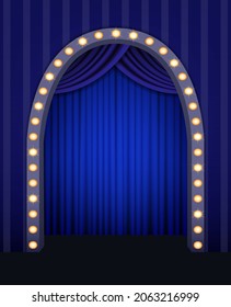 Arco luminoso brillante sobre el fondo de pared de rayas azules con cortina para el diseño vectorial