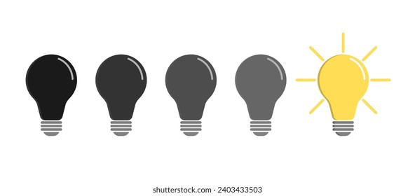 Shining light bulb business idea concept, a group of bulbs arranged from dark to bright.