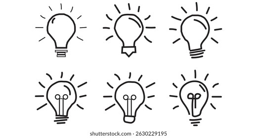 shining light bulb doodle hand drawn vector icon, shining light bulb clipart