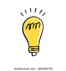 Leuchtende Glühbirne doodle-Illustration. Handgezeichnete elektrische Lampe. Symbol der Idee und Lösung. 